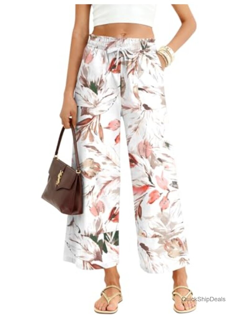 Wide Leg Palazzo Pants Elastic Waist Drawstring Flowy High Rise with Pockets